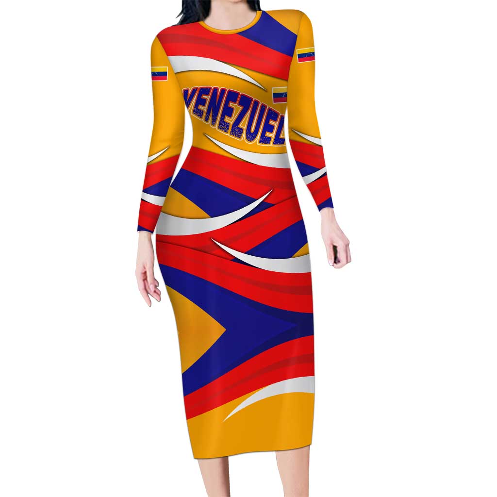 Venezuela Long Sleeve Bodycon Dress with Yellow Red Blue Flag Stripe Wave Spirit