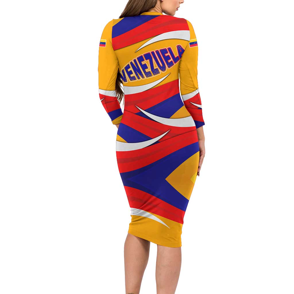 Venezuela Long Sleeve Bodycon Dress with Yellow Red Blue Flag Stripe Wave Spirit