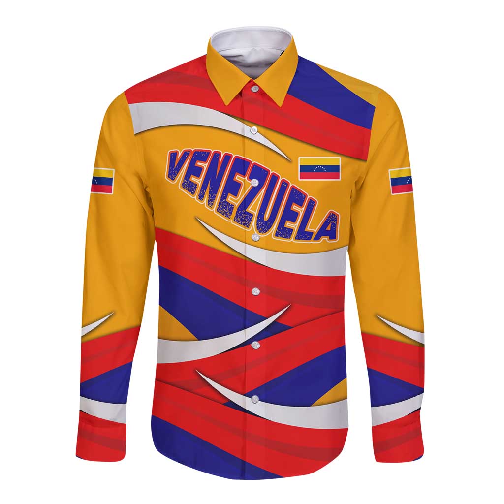 Venezuela Long Sleeve Button Shirt with Yellow Red Blue Flag Stripe Wave Spirit
