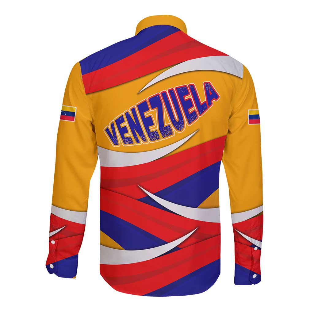 Venezuela Long Sleeve Button Shirt with Yellow Red Blue Flag Stripe Wave Spirit