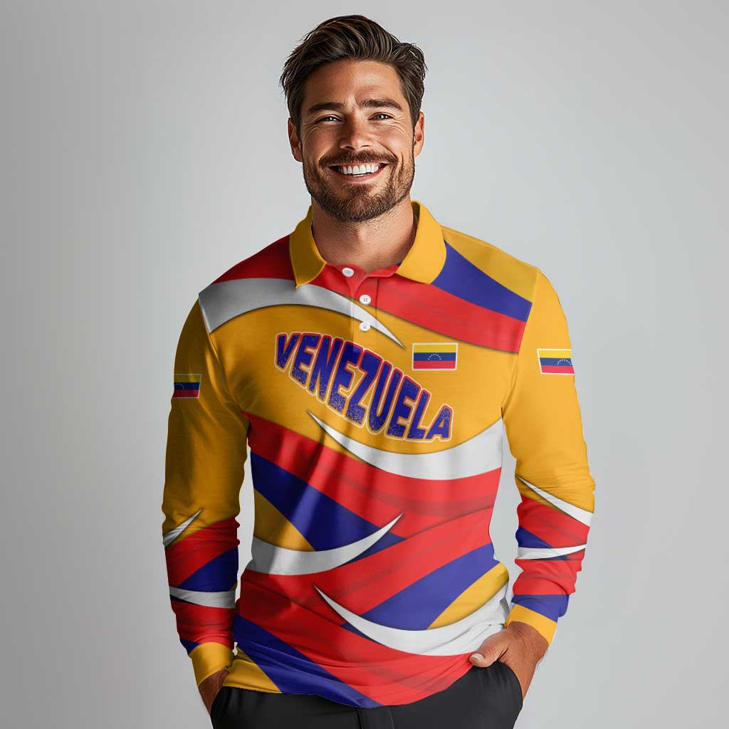 Venezuela Long Sleeve Polo Shirt with Yellow Red Blue Flag Stripe Wave Spirit
