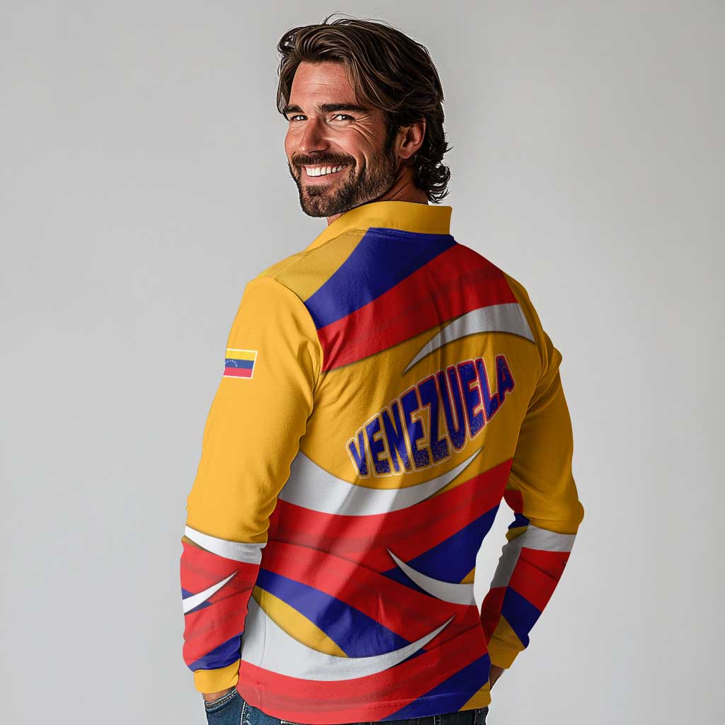 Venezuela Long Sleeve Polo Shirt with Yellow Red Blue Flag Stripe Wave Spirit