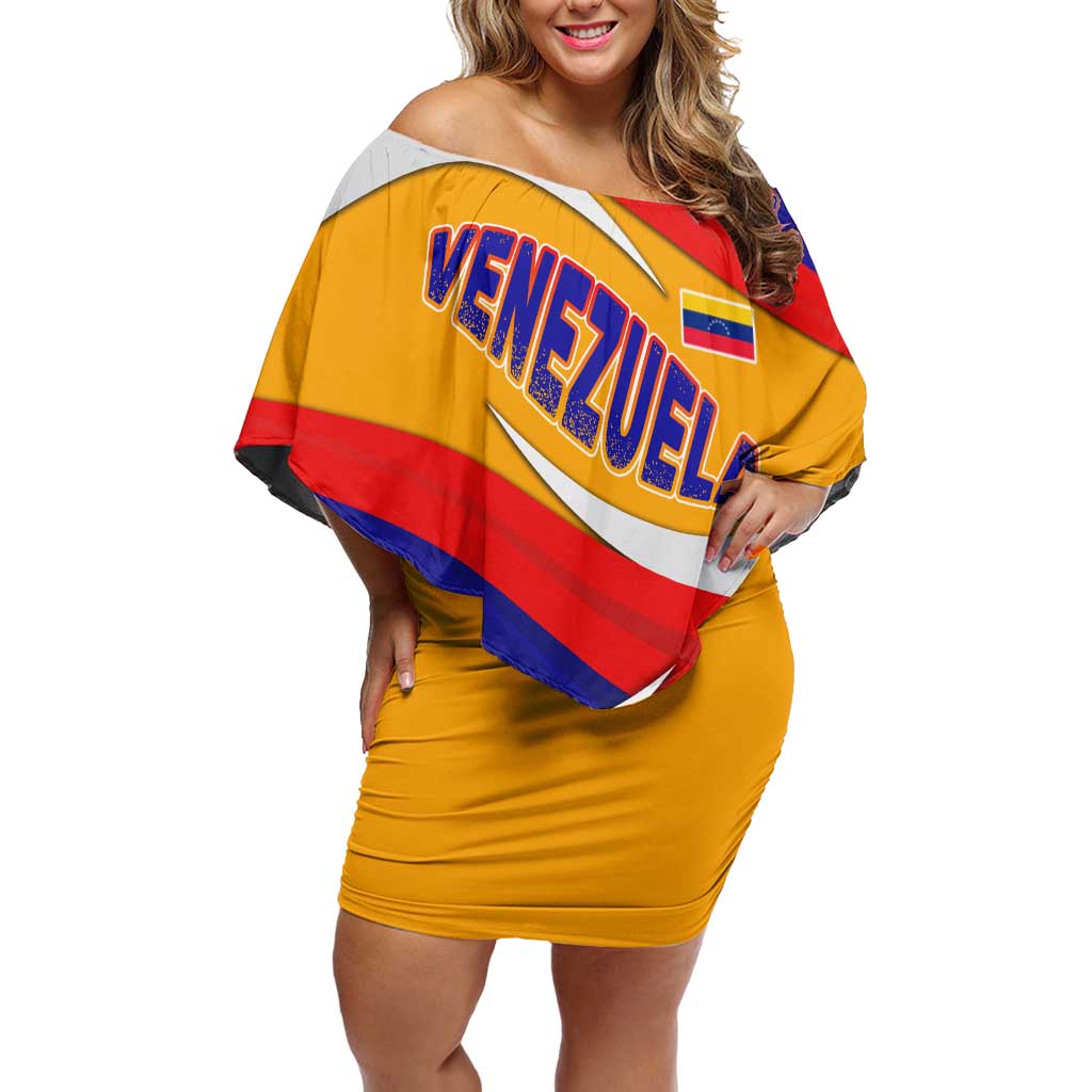 Venezuela Off Shoulder Short Dress with Yellow Red Blue Flag Stripe Wave Spirit