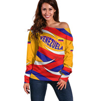 Venezuela Off Shoulder Sweater with Yellow Red Blue Flag Stripe Wave Spirit