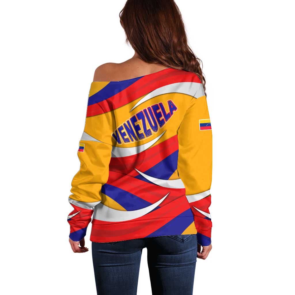 Venezuela Off Shoulder Sweater with Yellow Red Blue Flag Stripe Wave Spirit