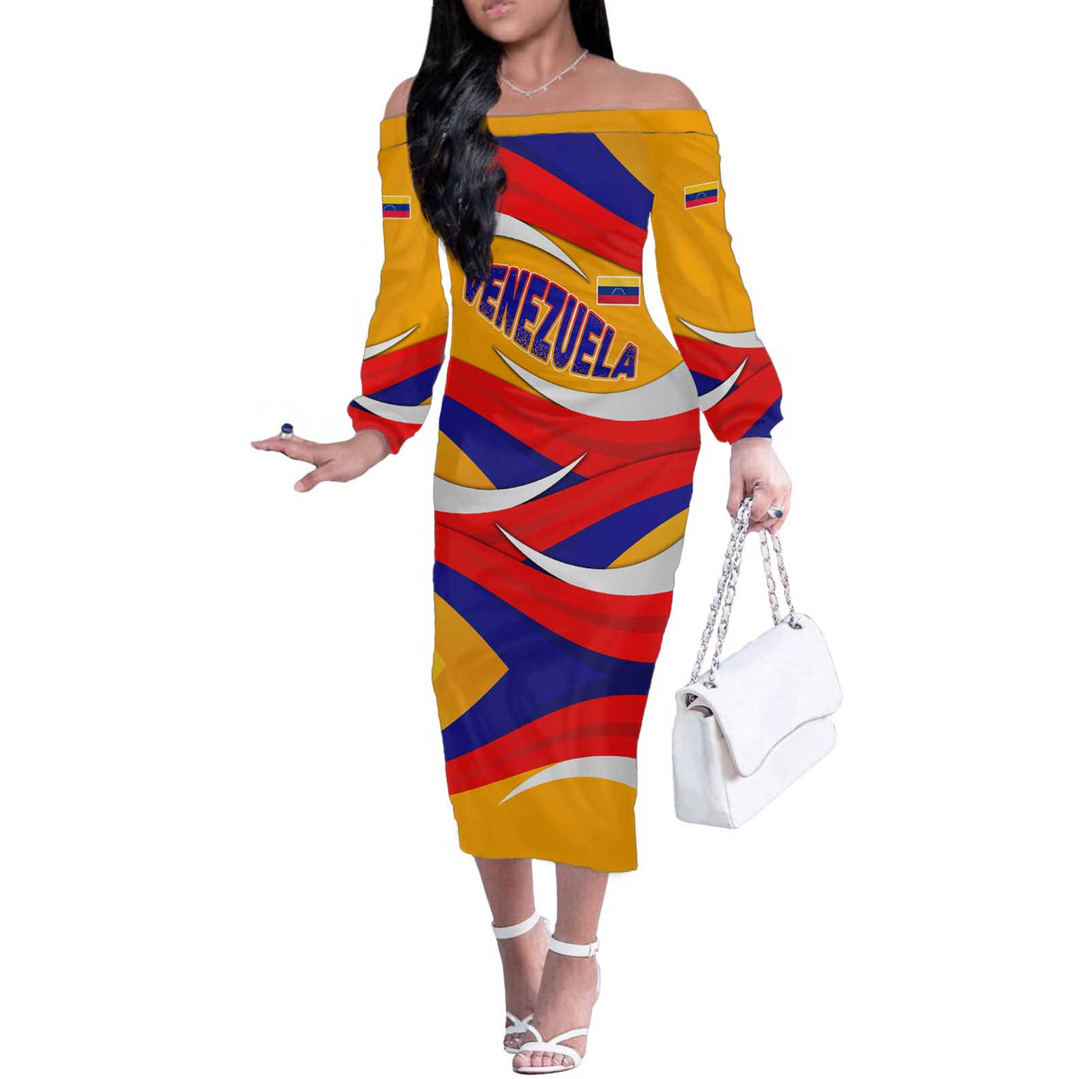 Venezuela Off The Shoulder Long Sleeve Dress with Yellow Red Blue Flag Stripe Wave Spirit