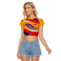 Venezuela Raglan Cropped T Shirt with Yellow Red Blue Flag Stripe Wave Spirit