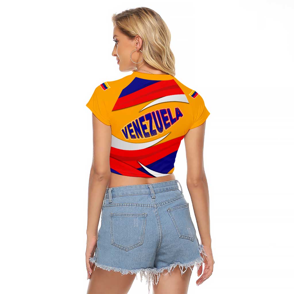 Venezuela Raglan Cropped T Shirt with Yellow Red Blue Flag Stripe Wave Spirit