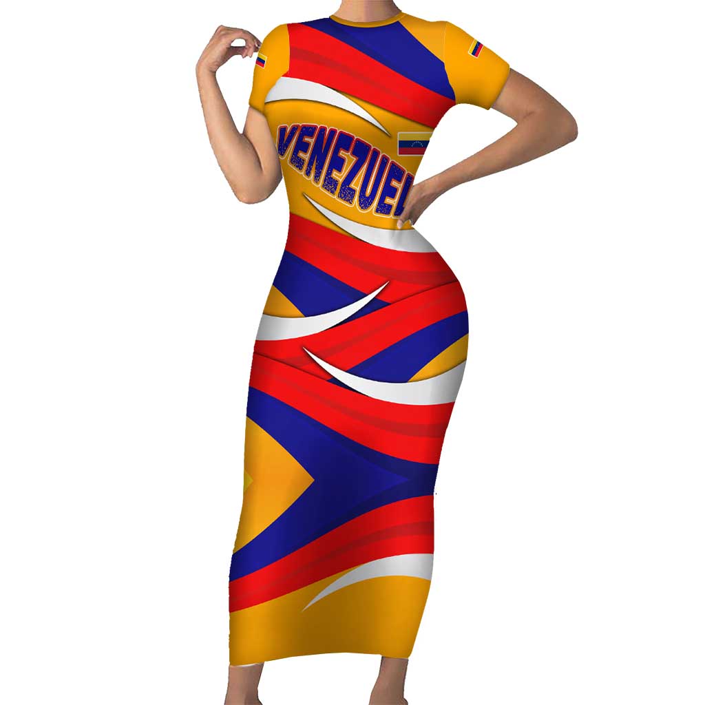 Venezuela Short Sleeve Bodycon Dress with Yellow Red Blue Flag Stripe Wave Spirit
