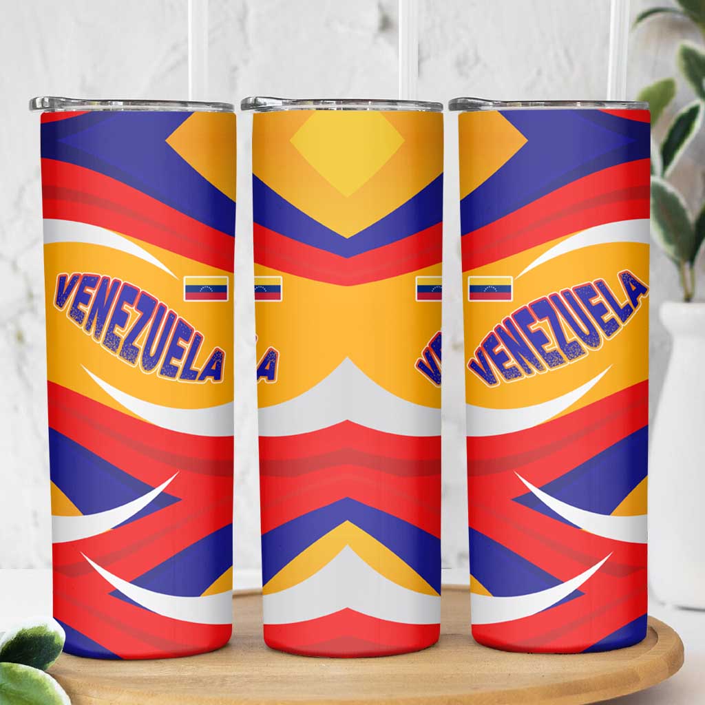 Venezuela Skinny Tumbler with Yellow Red Blue Flag Stripe Wave Spirit