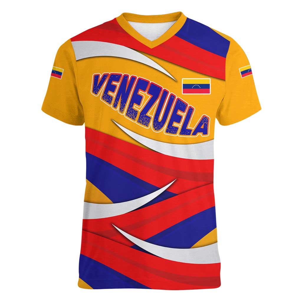 Venezuela Women V-Neck T-Shirt with Yellow Red Blue Flag Stripe Wave Spirit