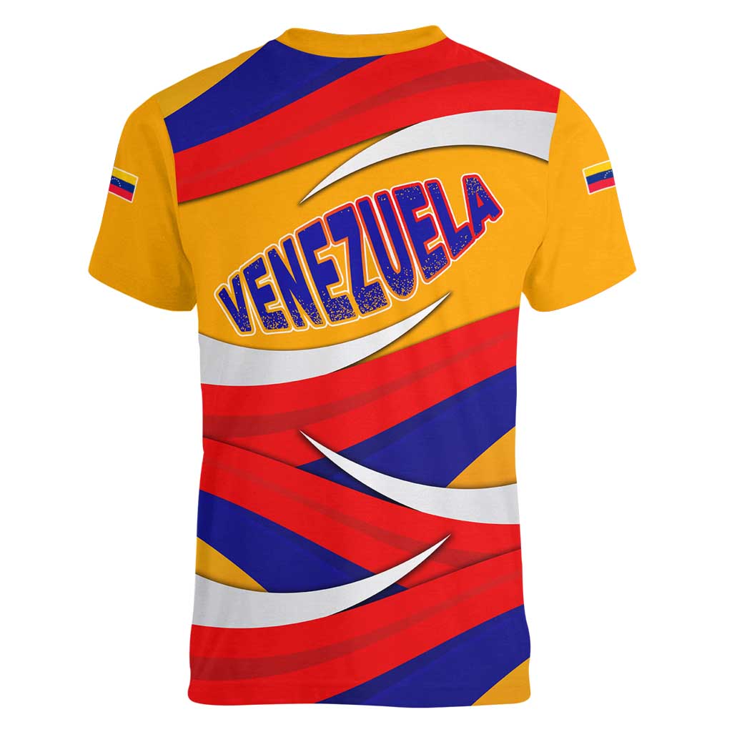Venezuela Women V-Neck T-Shirt with Yellow Red Blue Flag Stripe Wave Spirit