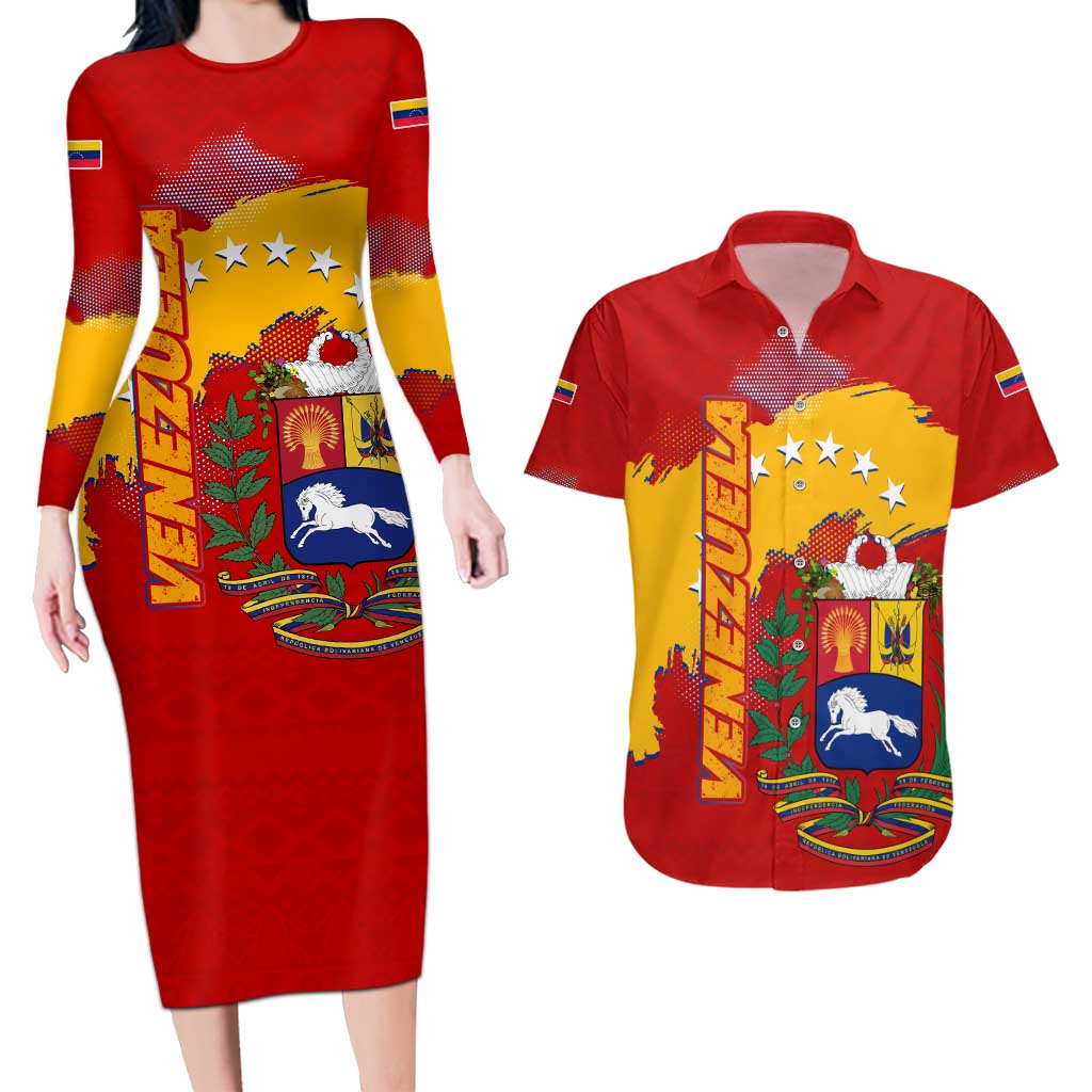 Venezuela Couples Matching Long Sleeve Bodycon Dress and Hawaiian Shirt with National Coat of Arms Flag Map Spirit