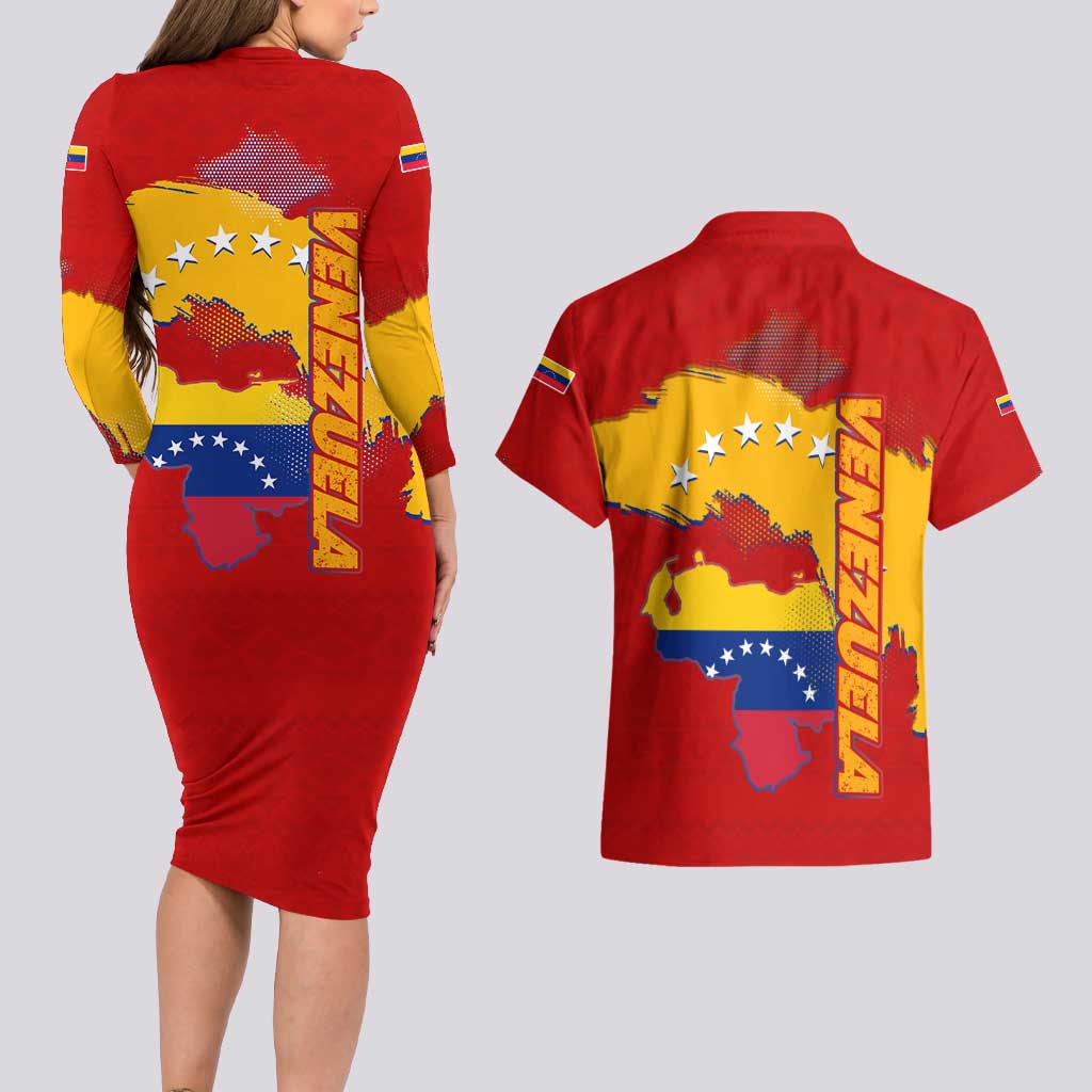 Venezuela Couples Matching Long Sleeve Bodycon Dress and Hawaiian Shirt with National Coat of Arms Flag Map Spirit
