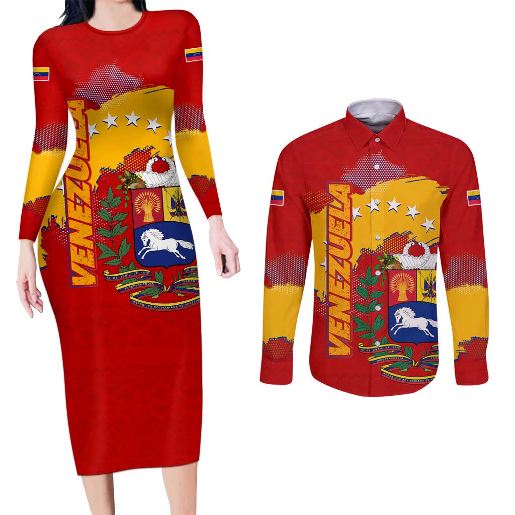 Venezuela Couples Matching Long Sleeve Bodycon Dress and Long Sleeve Button Shirt with National Coat of Arms Flag Map Spirit