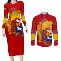 Venezuela Couples Matching Long Sleeve Bodycon Dress and Long Sleeve Button Shirt with National Coat of Arms Flag Map Spirit
