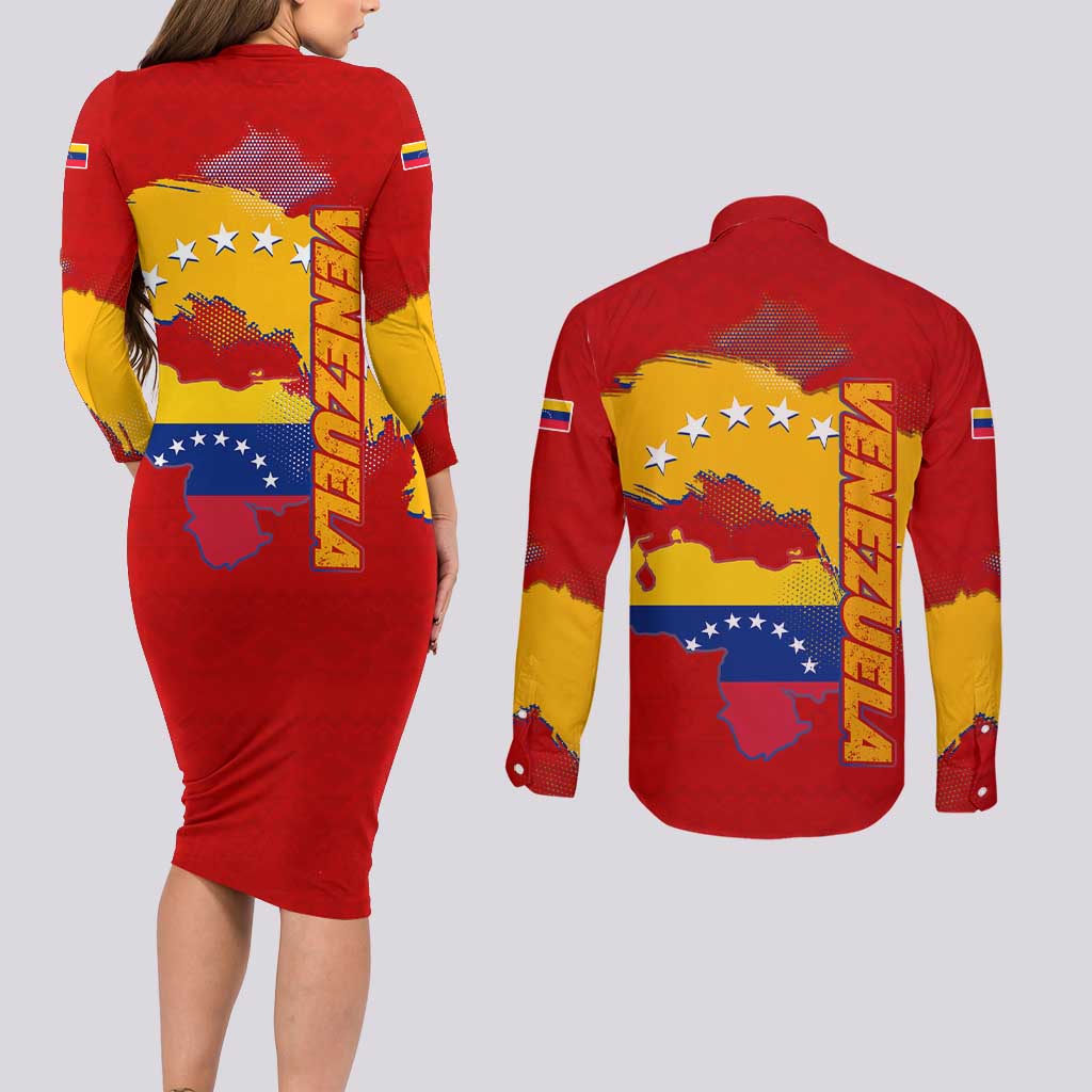 Venezuela Couples Matching Long Sleeve Bodycon Dress and Long Sleeve Button Shirt with National Coat of Arms Flag Map Spirit