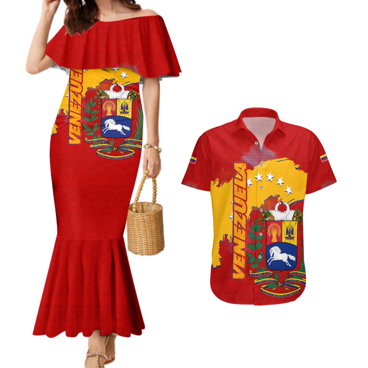 Venezuela Couples Matching Mermaid Dress and Hawaiian Shirt with National Coat of Arms Flag Map Spirit
