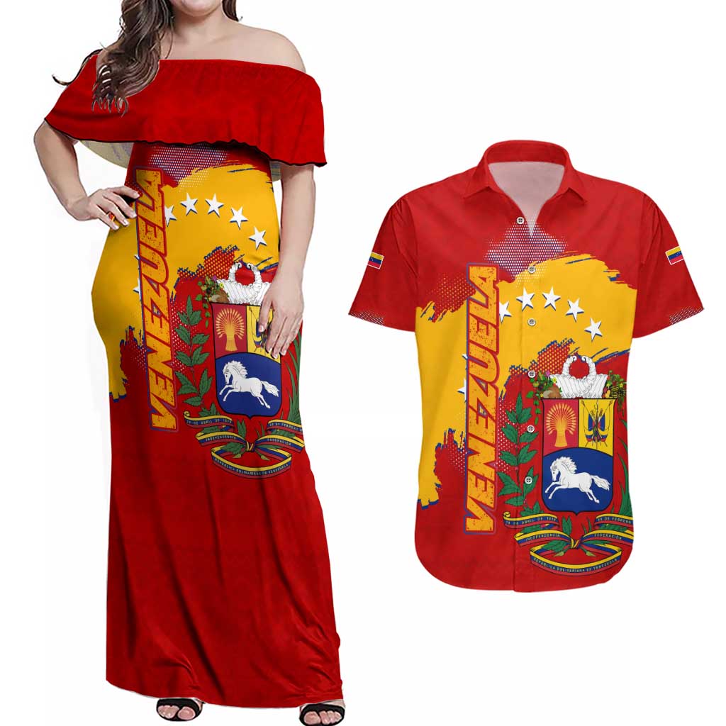 Venezuela Couples Matching Off Shoulder Maxi Dress and Hawaiian Shirt with National Coat of Arms Flag Map Spirit