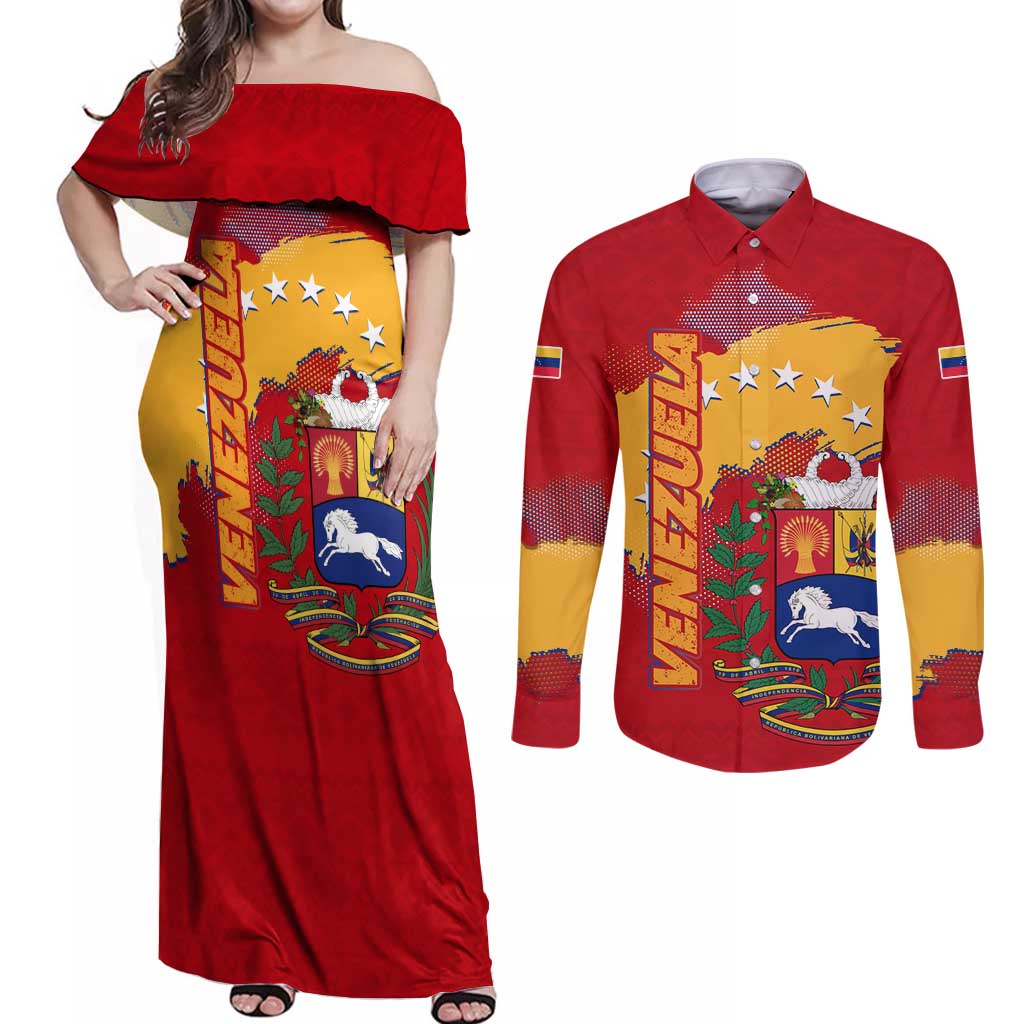 Venezuela Couples Matching Off Shoulder Maxi Dress and Long Sleeve Button Shirt with National Coat of Arms Flag Map Spirit