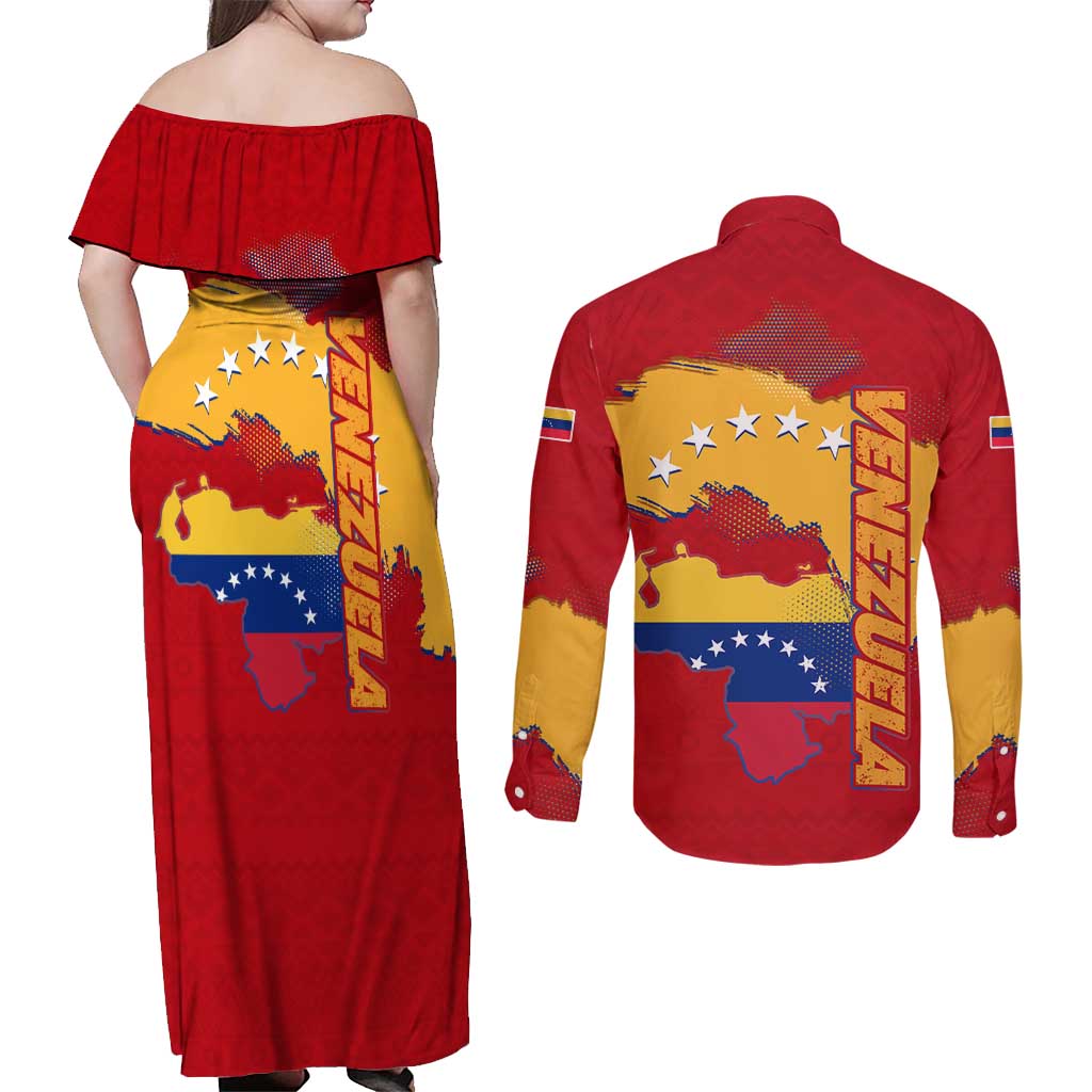 Venezuela Couples Matching Off Shoulder Maxi Dress and Long Sleeve Button Shirt with National Coat of Arms Flag Map Spirit