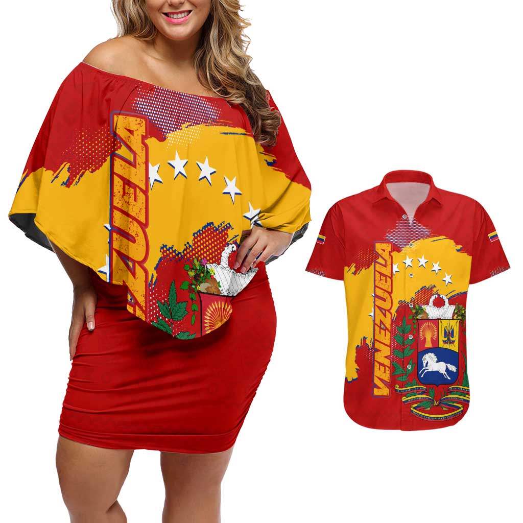 Venezuela Couples Matching Off Shoulder Short Dress and Hawaiian Shirt with National Coat of Arms Flag Map Spirit