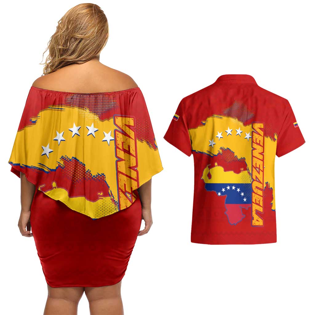 Venezuela Couples Matching Off Shoulder Short Dress and Hawaiian Shirt with National Coat of Arms Flag Map Spirit