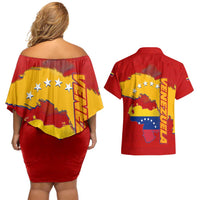 Venezuela Couples Matching Off Shoulder Short Dress and Hawaiian Shirt with National Coat of Arms Flag Map Spirit