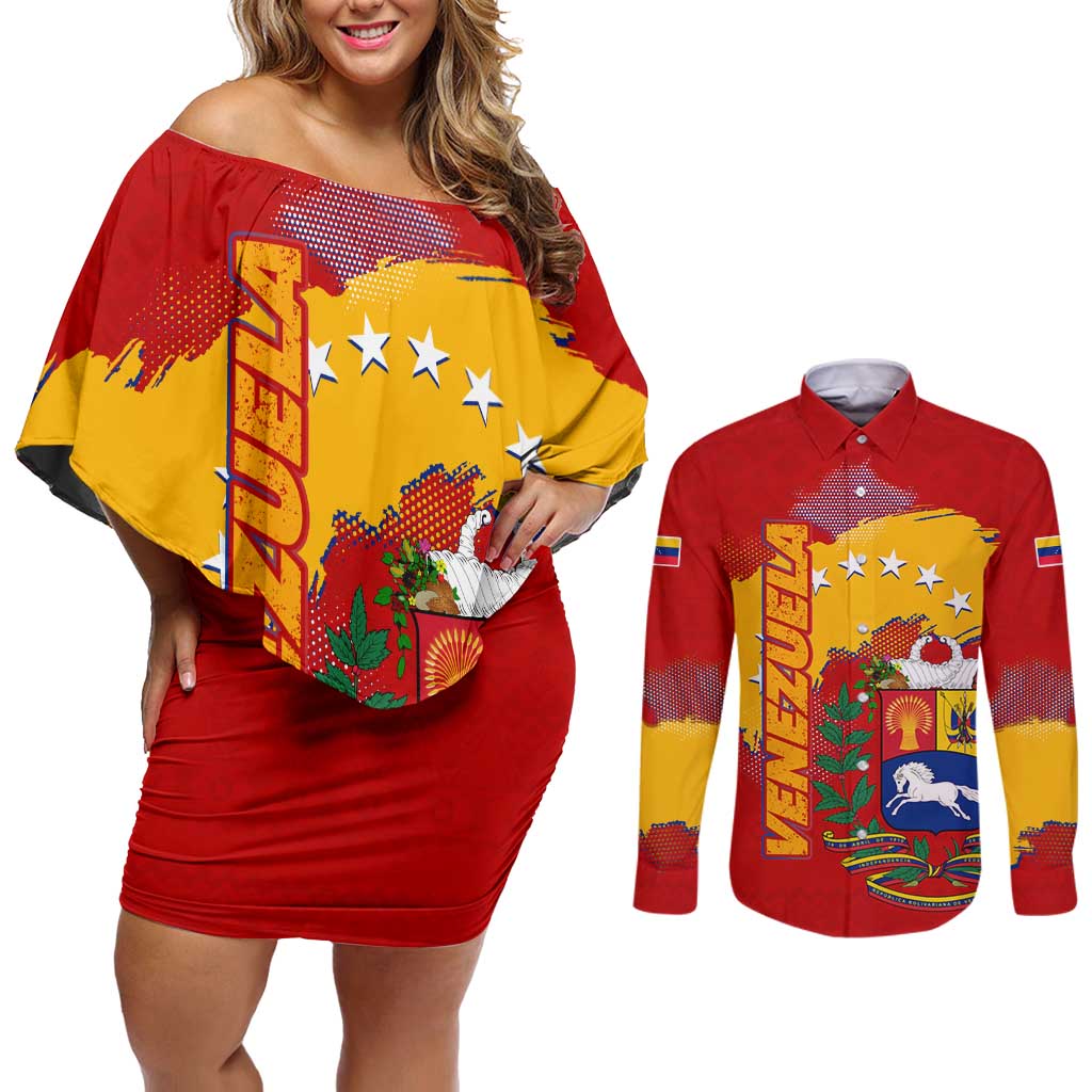 Venezuela Couples Matching Off Shoulder Short Dress and Long Sleeve Button Shirt with National Coat of Arms Flag Map Spirit