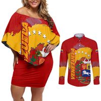 Venezuela Couples Matching Off Shoulder Short Dress and Long Sleeve Button Shirt with National Coat of Arms Flag Map Spirit