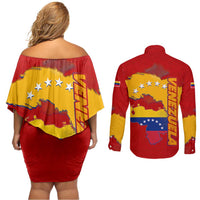 Venezuela Couples Matching Off Shoulder Short Dress and Long Sleeve Button Shirt with National Coat of Arms Flag Map Spirit