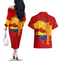 Venezuela Couples Matching Off The Shoulder Long Sleeve Dress and Hawaiian Shirt with National Coat of Arms Flag Map Spirit