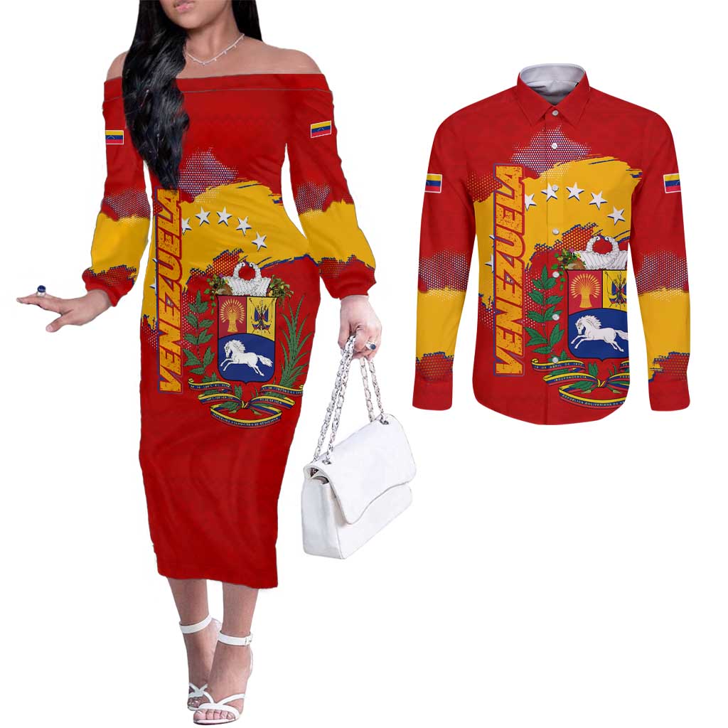 Venezuela Couples Matching Off The Shoulder Long Sleeve Dress and Long Sleeve Button Shirt with National Coat of Arms Flag Map Spirit