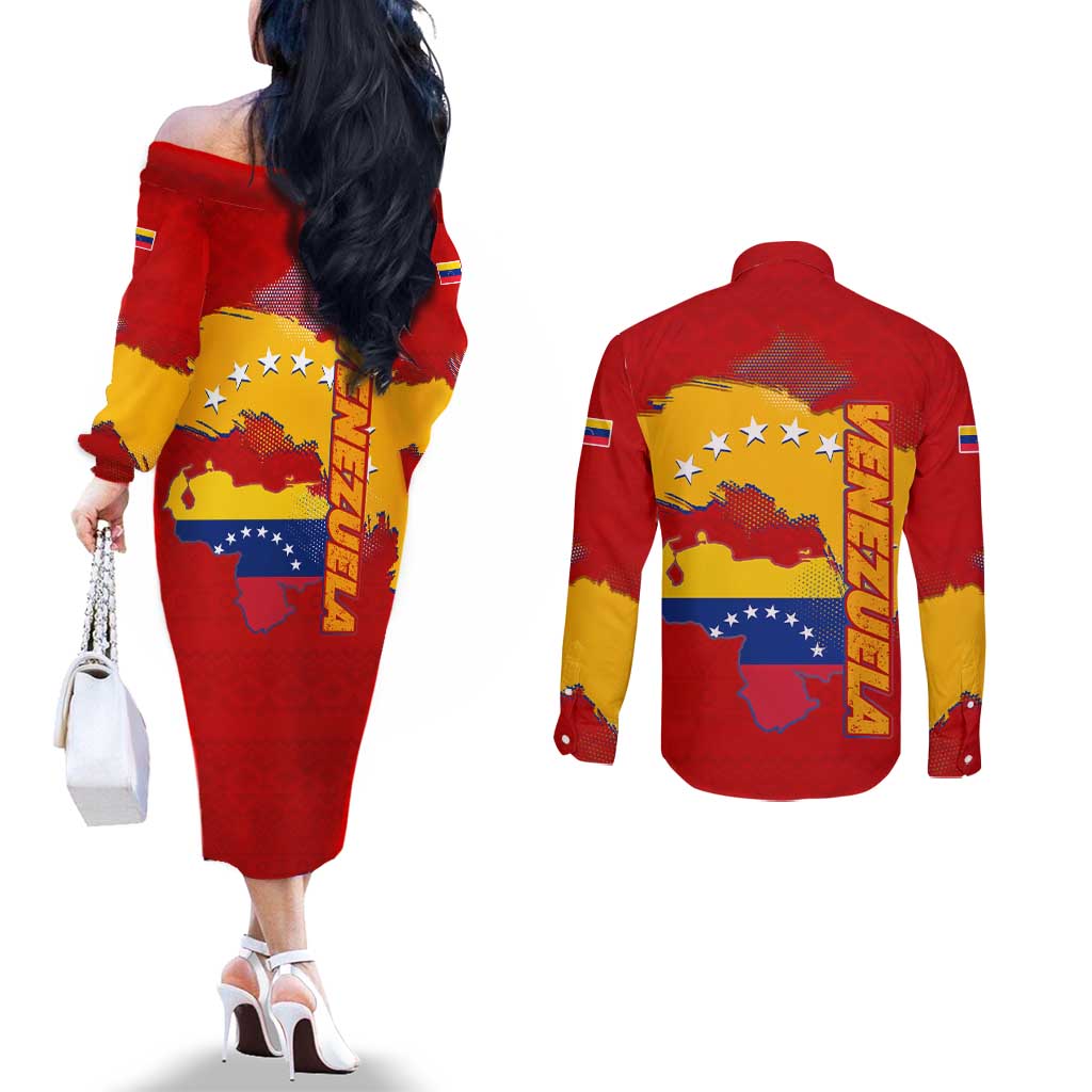 Venezuela Couples Matching Off The Shoulder Long Sleeve Dress and Long Sleeve Button Shirt with National Coat of Arms Flag Map Spirit
