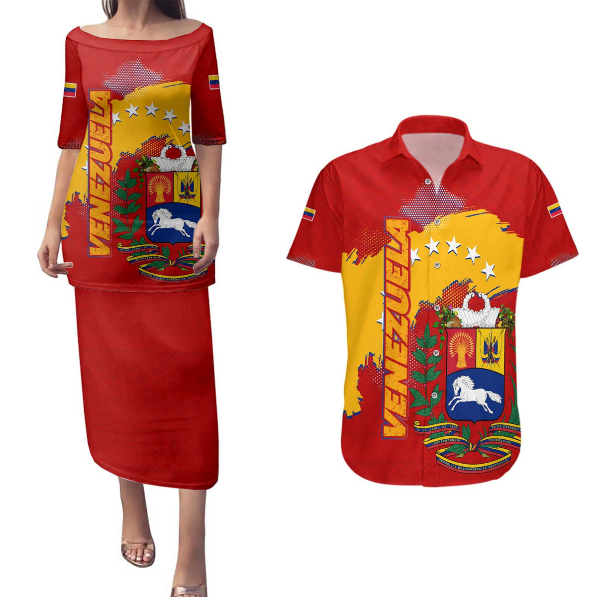 Venezuela Couples Matching Puletasi and Hawaiian Shirt with National Coat of Arms Flag Map Spirit