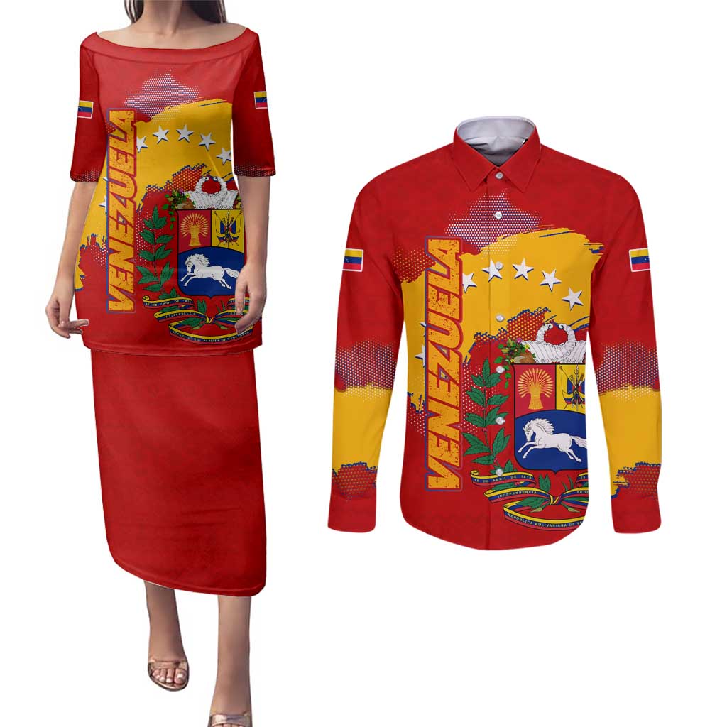 Venezuela Couples Matching Puletasi and Long Sleeve Button Shirt with National Coat of Arms Flag Map Spirit