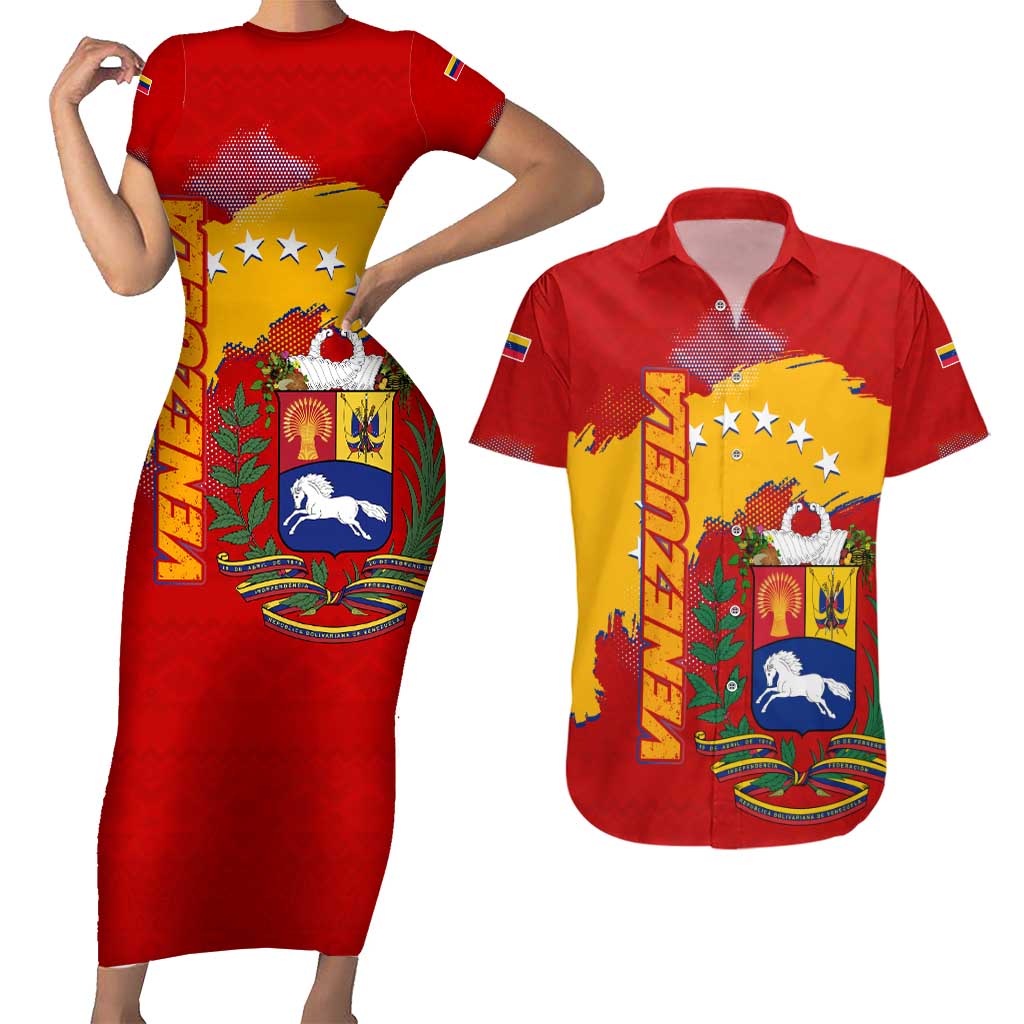 Venezuela Couples Matching Short Sleeve Bodycon Dress and Hawaiian Shirt with National Coat of Arms Flag Map Spirit
