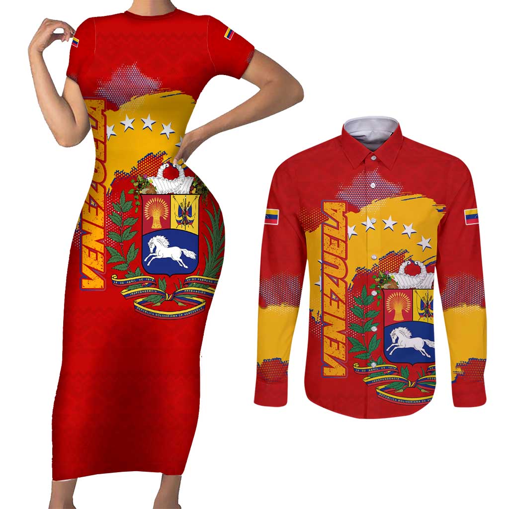 Venezuela Couples Matching Short Sleeve Bodycon Dress and Long Sleeve Button Shirt with National Coat of Arms Flag Map Spirit