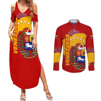 Venezuela Couples Matching Summer Maxi Dress and Long Sleeve Button Shirt with National Coat of Arms Flag Map Spirit