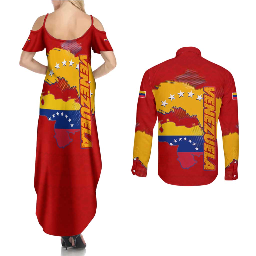 Venezuela Couples Matching Summer Maxi Dress and Long Sleeve Button Shirt with National Coat of Arms Flag Map Spirit