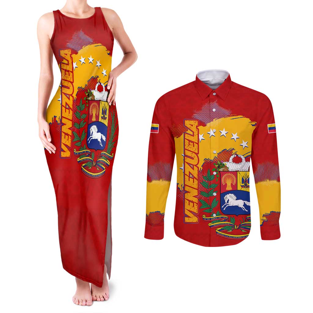 Venezuela Couples Matching Tank Maxi Dress and Long Sleeve Button Shirt with National Coat of Arms Flag Map Spirit