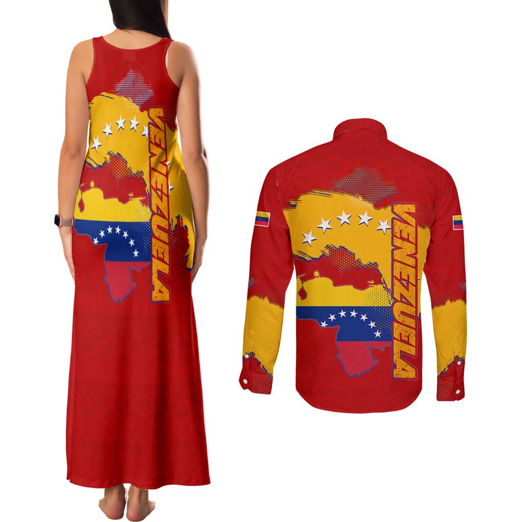 Venezuela Couples Matching Tank Maxi Dress and Long Sleeve Button Shirt with National Coat of Arms Flag Map Spirit