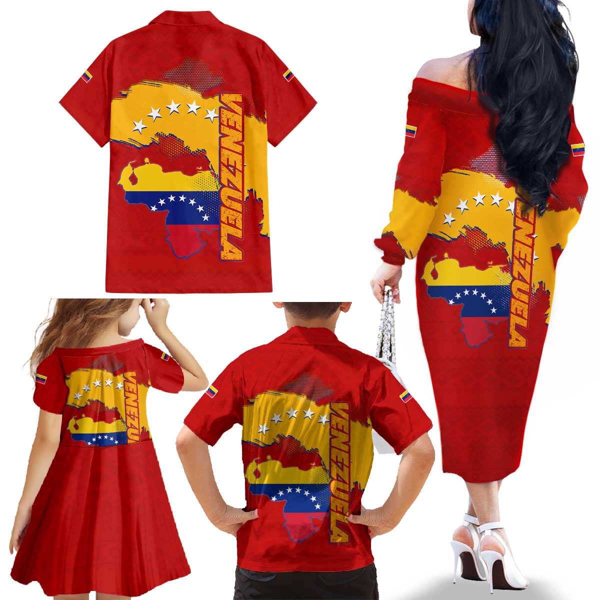 Venezuela Family Matching Off The Shoulder Long Sleeve Dress and Hawaiian Shirt with National Coat of Arms Flag Map Spirit