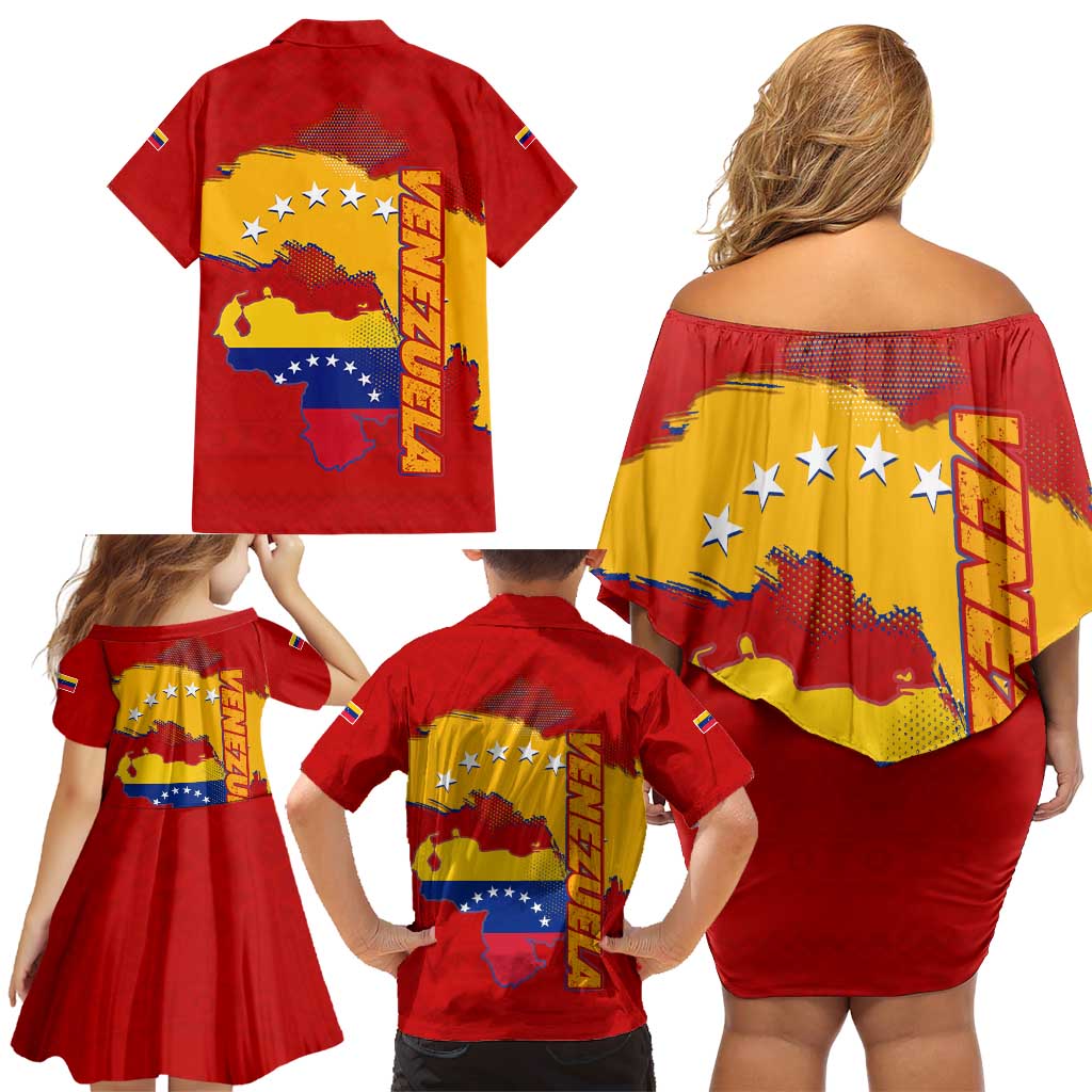 Venezuela Family Matching Off Shoulder Short Dress and Hawaiian Shirt with National Coat of Arms Flag Map Spirit