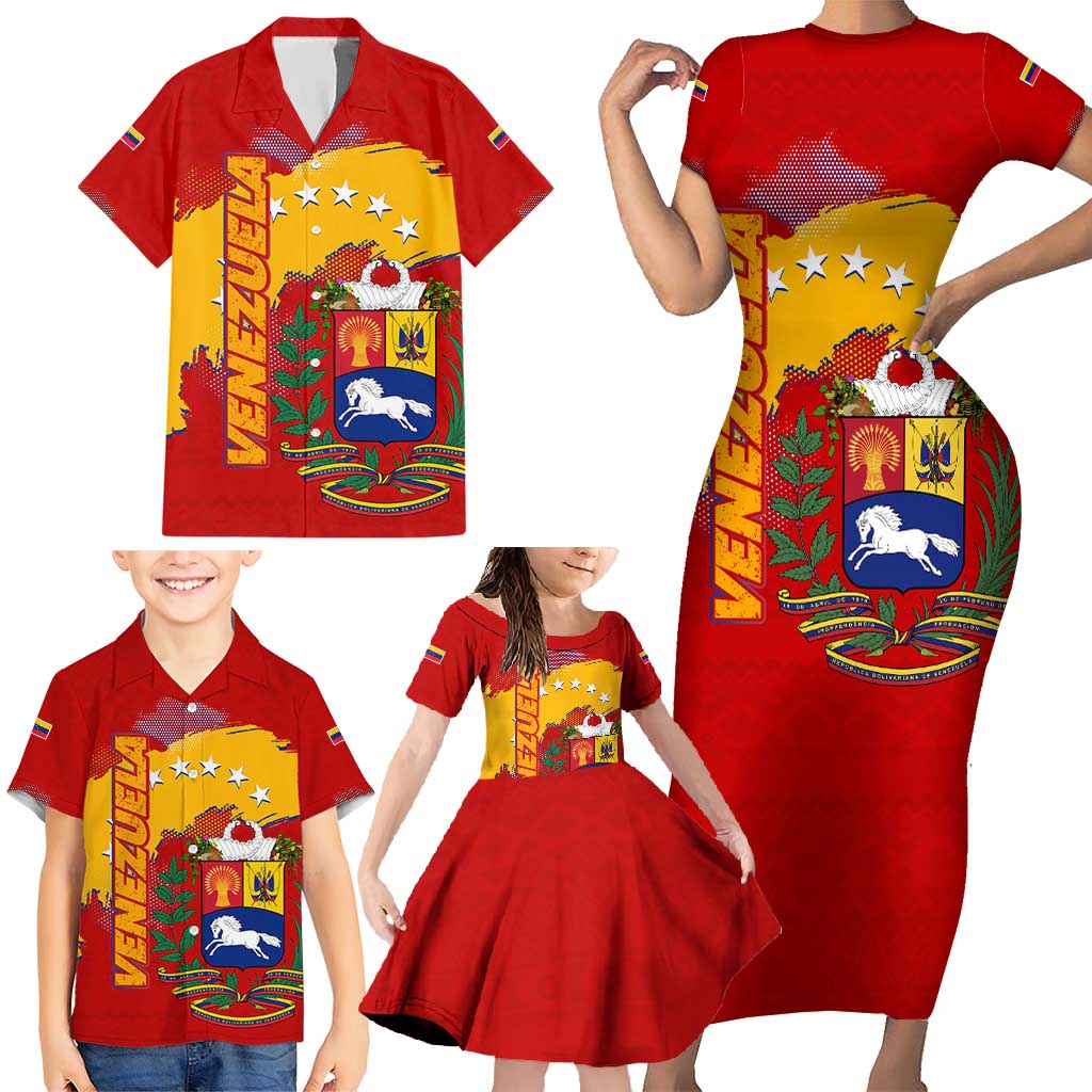Venezuela Family Matching Short Sleeve Bodycon Dress and Hawaiian Shirt with National Coat of Arms Flag Map Spirit