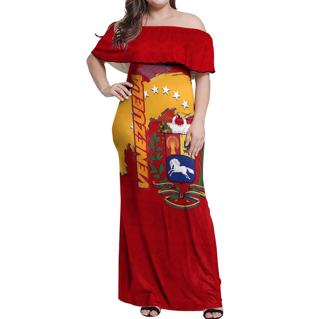 Venezuela Off Shoulder Maxi Dress with National Coat of Arms Flag Map Spirit
