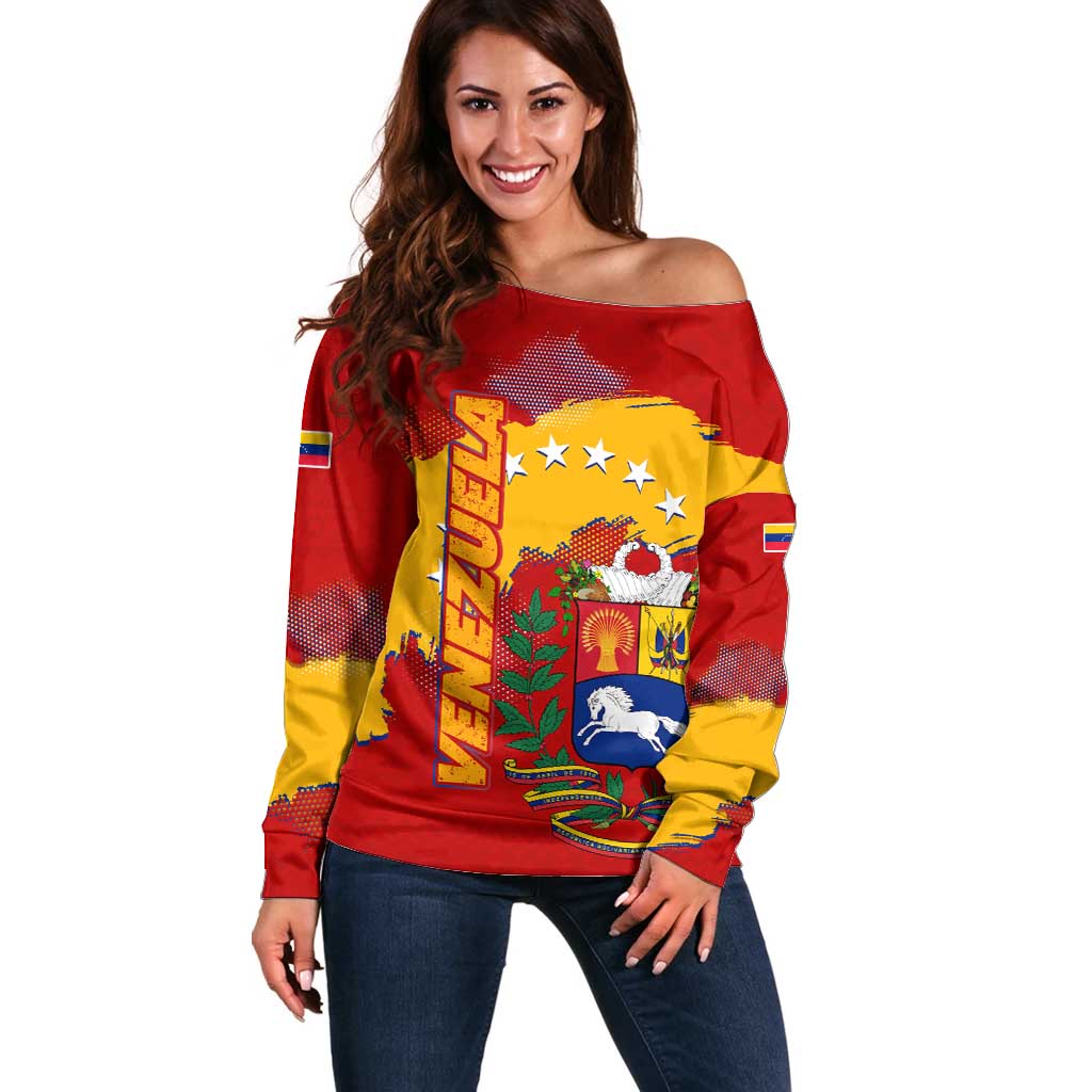 Venezuela Off Shoulder Sweater with National Coat of Arms Flag Map Spirit