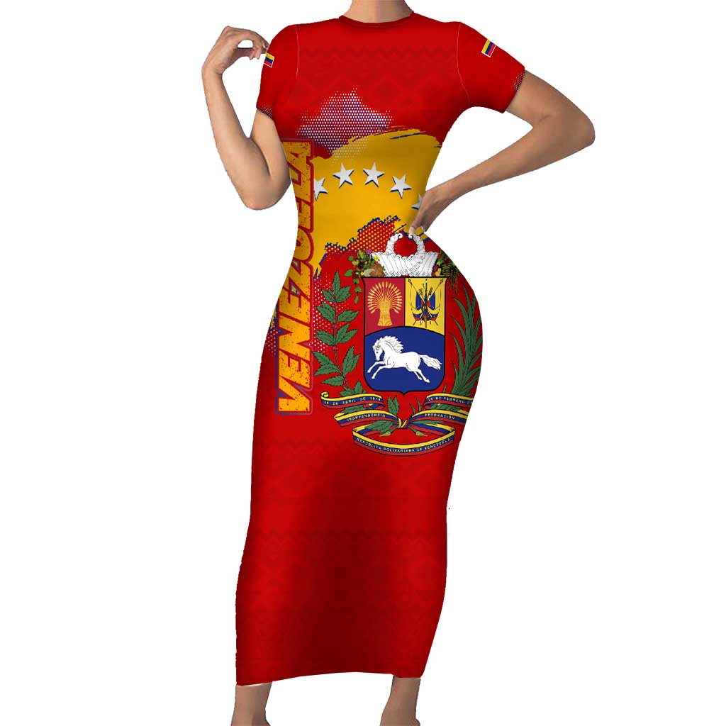 Venezuela Short Sleeve Bodycon Dress with National Coat of Arms Flag Map Spirit