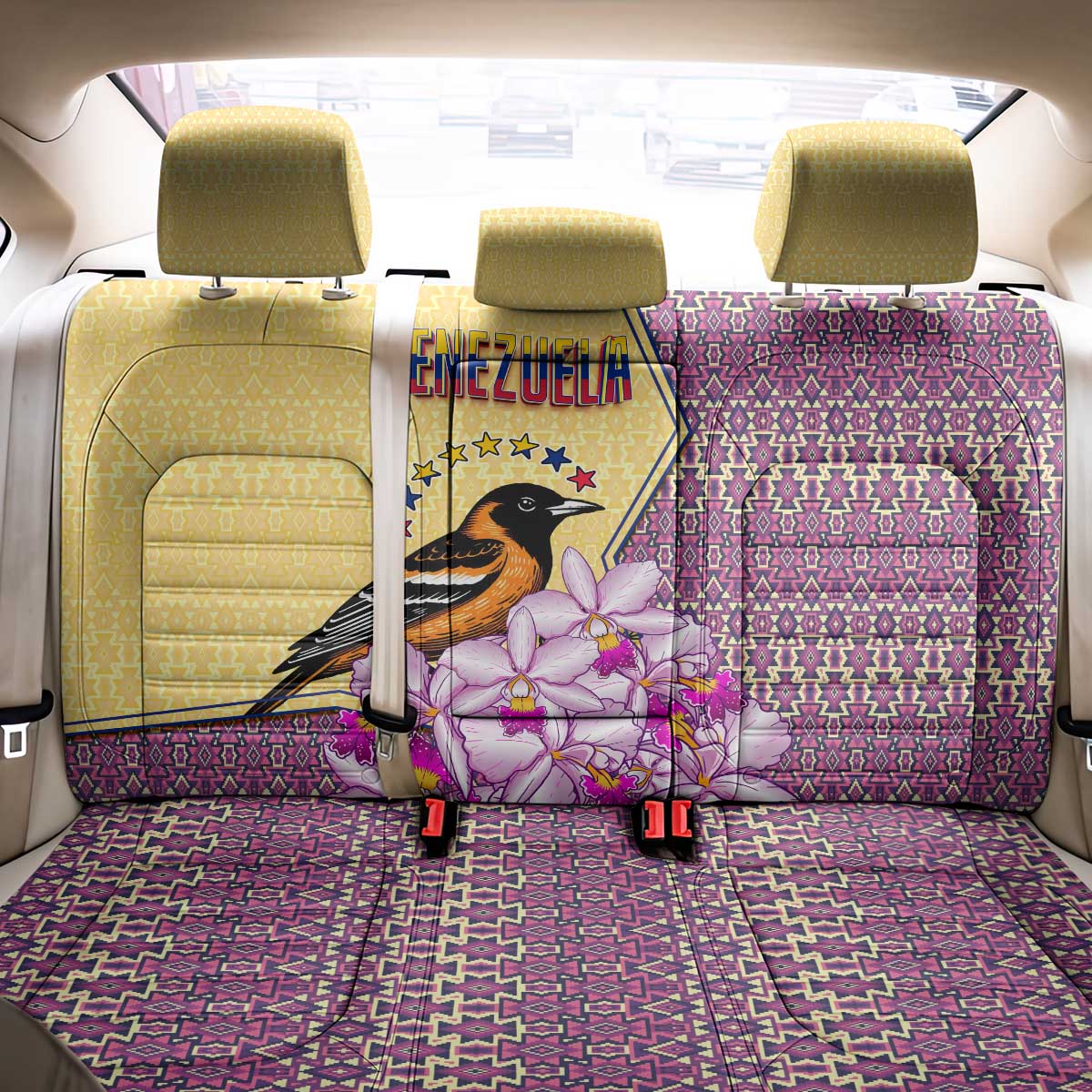 Venezuela Back Car Seat Cover with National Bird Orchid Flower Coat of Arms Spirit