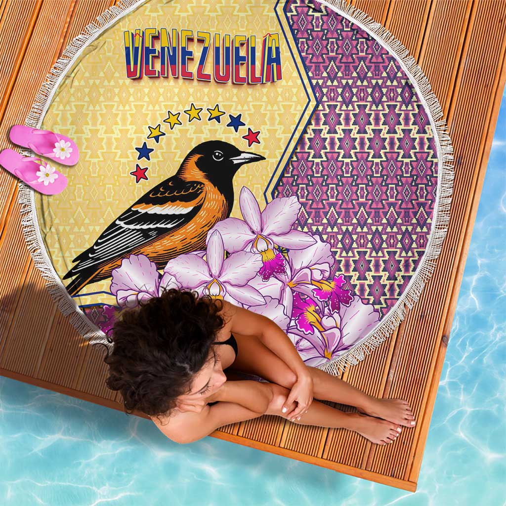 Venezuela Beach Blanket with National Bird Orchid Flower Coat of Arms Spirit